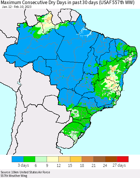 Brazil Maximum Consecutive Dry Days in past 30 days (USAF 557th WW) 02/10/2023 Thematic Map For 2/6/2023 - 2/10/2023
