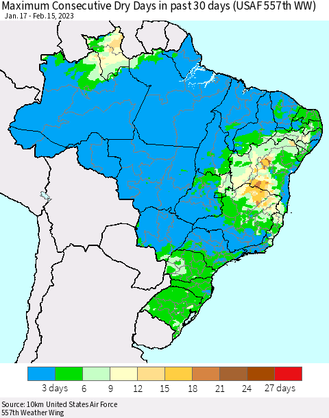 Brazil Maximum Consecutive Dry Days in past 30 days (USAF 557th WW) 02/15/2023 Thematic Map For 2/11/2023 - 2/15/2023