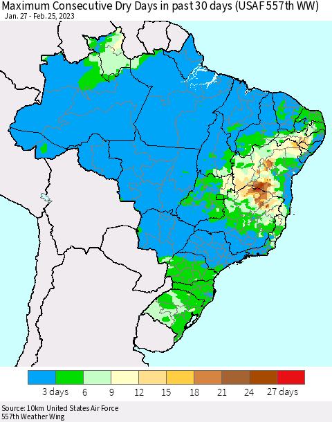 Brazil Maximum Consecutive Dry Days in past 30 days (USAF 557th WW) 02/25/2023 Thematic Map For 2/21/2023 - 2/25/2023
