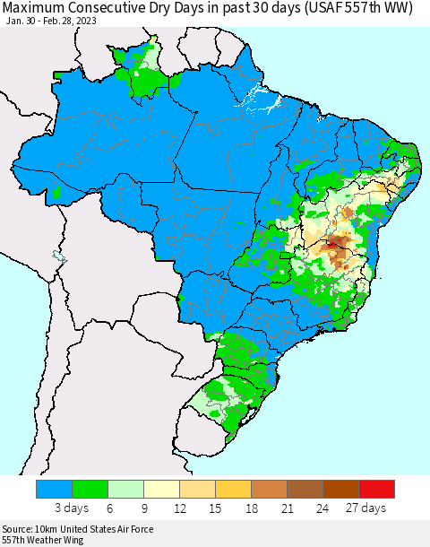 Brazil Maximum Consecutive Dry Days in past 30 days (USAF 557th WW) 02/28/2023 Thematic Map For 2/26/2023 - 2/28/2023
