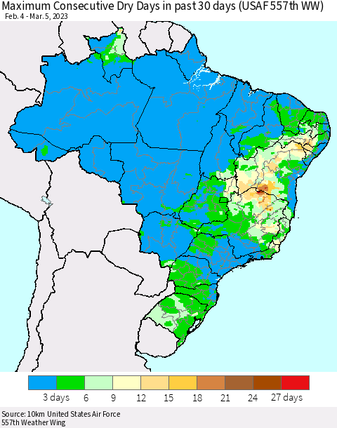 Brazil Maximum Consecutive Dry Days in past 30 days (USAF 557th WW) 03/05/2023 Thematic Map For 3/1/2023 - 3/5/2023