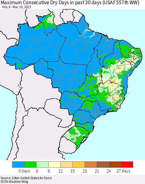 Brazil Maximum Consecutive Dry Days in past 30 days (USAF 557th WW) 03/10/2023 Thematic Map For 3/6/2023 - 3/10/2023