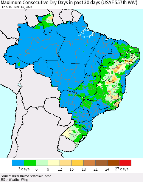 Brazil Maximum Consecutive Dry Days in past 30 days (USAF 557th WW) 03/15/2023 Thematic Map For 3/11/2023 - 3/15/2023