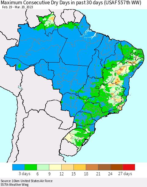 Brazil Maximum Consecutive Dry Days in past 30 days (USAF 557th WW) 03/20/2023 Thematic Map For 3/16/2023 - 3/20/2023
