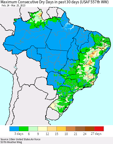 Brazil Maximum Consecutive Dry Days in past 30 days (USAF 557th WW) 03/25/2023 Thematic Map For 3/21/2023 - 3/25/2023