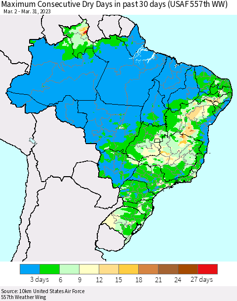 Brazil Maximum Consecutive Dry Days in past 30 days (USAF 557th WW) 03/31/2023 Thematic Map For 3/26/2023 - 3/31/2023