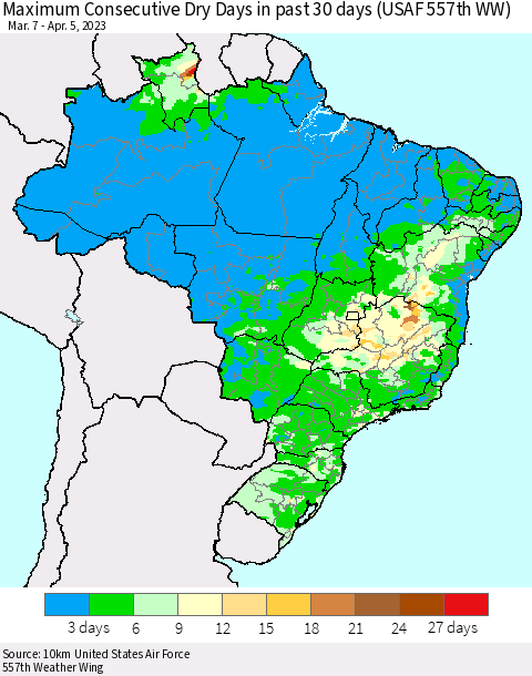 Brazil Maximum Consecutive Dry Days in past 30 days (USAF 557th WW) 04/05/2023 Thematic Map For 4/1/2023 - 4/5/2023