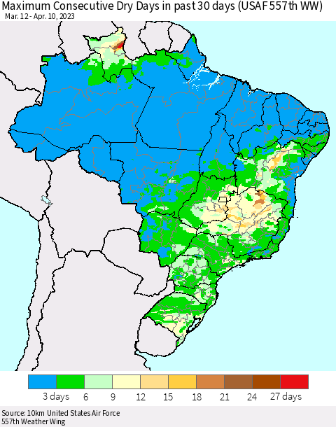 Brazil Maximum Consecutive Dry Days in past 30 days (USAF 557th WW) 04/10/2023 Thematic Map For 4/6/2023 - 4/10/2023
