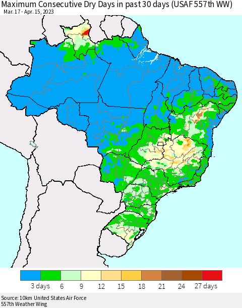Brazil Maximum Consecutive Dry Days in past 30 days (USAF 557th WW) 04/15/2023 Thematic Map For 4/11/2023 - 4/15/2023
