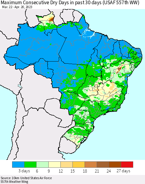 Brazil Maximum Consecutive Dry Days in past 30 days (USAF 557th WW) 04/20/2023 Thematic Map For 4/16/2023 - 4/20/2023