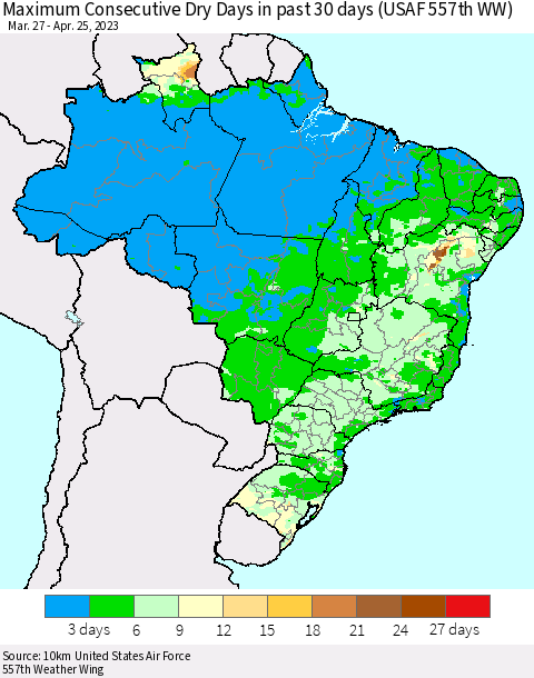 Brazil Maximum Consecutive Dry Days in past 30 days (USAF 557th WW) 04/25/2023 Thematic Map For 4/21/2023 - 4/25/2023