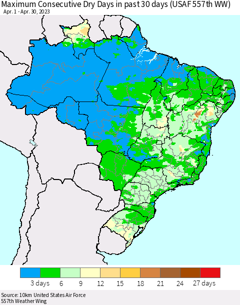Brazil Maximum Consecutive Dry Days in past 30 days (USAF 557th WW) 04/30/2023 Thematic Map For 4/26/2023 - 4/30/2023