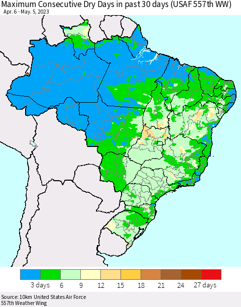 Brazil Maximum Consecutive Dry Days in past 30 days (USAF 557th WW) Thematic Map For 5/1/2023 - 5/5/2023