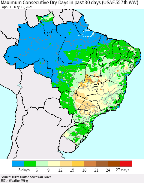 Brazil Maximum Consecutive Dry Days in past 30 days (USAF 557th WW) 05/10/2023 Thematic Map For 5/6/2023 - 5/10/2023