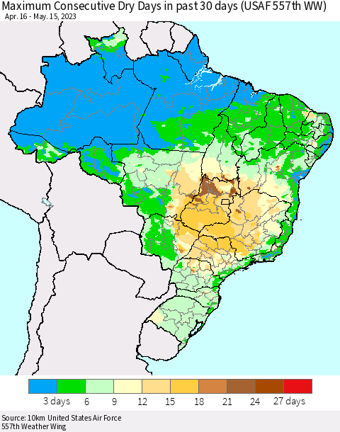 Brazil Maximum Consecutive Dry Days in past 30 days (USAF 557th WW) 05/15/2023 Thematic Map For 5/11/2023 - 5/15/2023