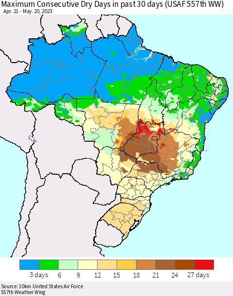 Brazil Maximum Consecutive Dry Days in past 30 days (USAF 557th WW) 05/20/2023 Thematic Map For 5/16/2023 - 5/20/2023