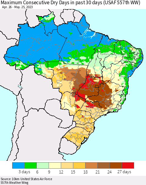 Brazil Maximum Consecutive Dry Days in past 30 days (USAF 557th WW) 05/25/2023 Thematic Map For 5/21/2023 - 5/25/2023