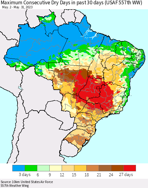 Brazil Maximum Consecutive Dry Days in past 30 days (USAF 557th WW) 05/31/2023 Thematic Map For 5/26/2023 - 5/31/2023
