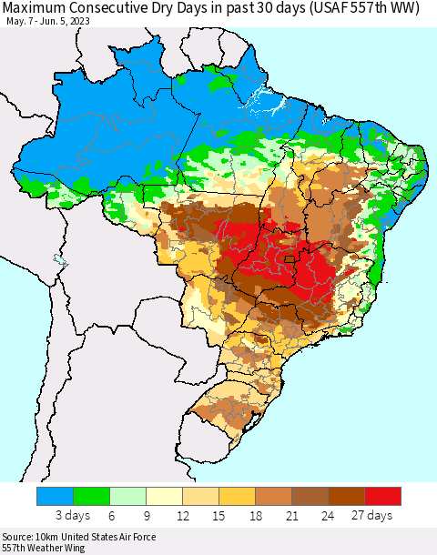 Brazil Maximum Consecutive Dry Days in past 30 days (USAF 557th WW) 06/05/2023 Thematic Map For 6/1/2023 - 6/5/2023