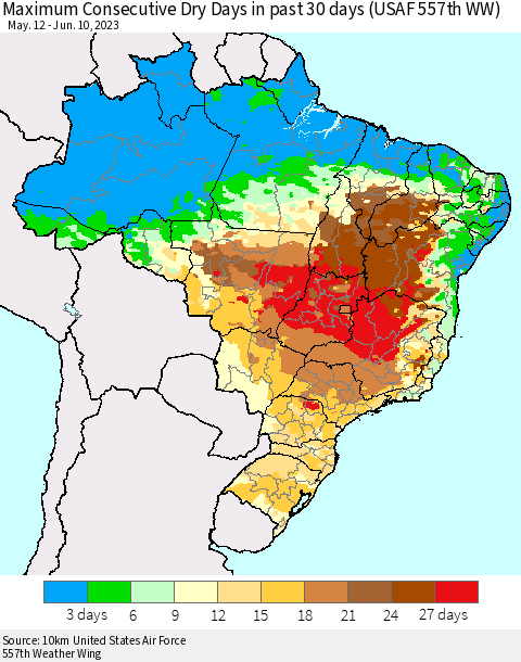 Brazil Maximum Consecutive Dry Days in past 30 days (USAF 557th WW) 06/10/2023 Thematic Map For 6/6/2023 - 6/10/2023