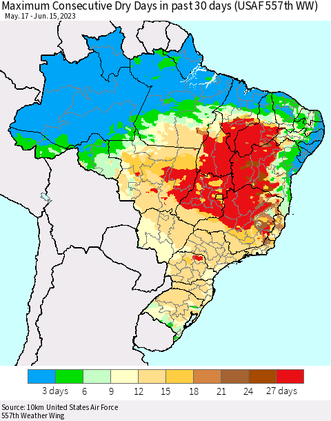 Brazil Maximum Consecutive Dry Days in past 30 days (USAF 557th WW) 06/15/2023 Thematic Map For 6/11/2023 - 6/15/2023