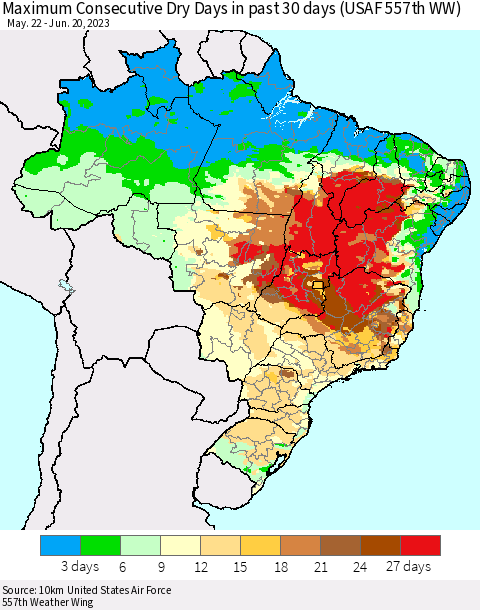 Brazil Maximum Consecutive Dry Days in past 30 days (USAF 557th WW) 06/20/2023 Thematic Map For 6/16/2023 - 6/20/2023