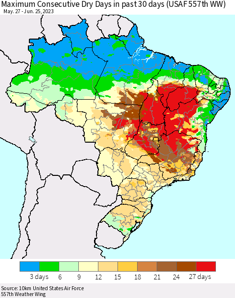 Brazil Maximum Consecutive Dry Days in past 30 days (USAF 557th WW) 06/25/2023 Thematic Map For 6/21/2023 - 6/25/2023