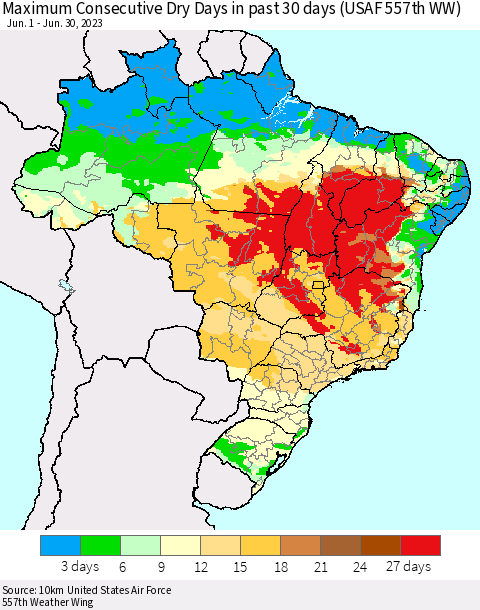 Brazil Maximum Consecutive Dry Days in past 30 days (USAF 557th WW) 06/30/2023 Thematic Map For 6/26/2023 - 6/30/2023