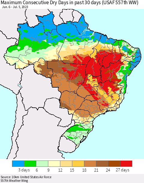 Brazil Maximum Consecutive Dry Days in past 30 days (USAF 557th WW) 07/05/2023 Thematic Map For 7/1/2023 - 7/5/2023