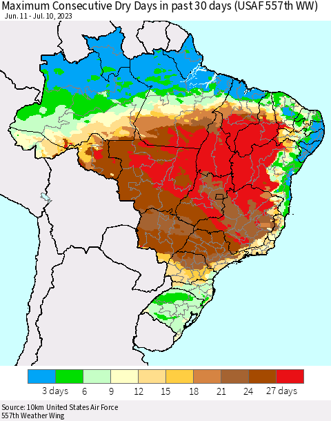 Brazil Maximum Consecutive Dry Days in past 30 days (USAF 557th WW) 07/10/2023 Thematic Map For 7/6/2023 - 7/10/2023