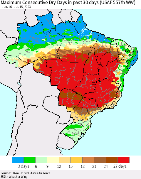 Brazil Maximum Consecutive Dry Days in past 30 days (USAF 557th WW) 07/15/2023 Thematic Map For 7/11/2023 - 7/15/2023