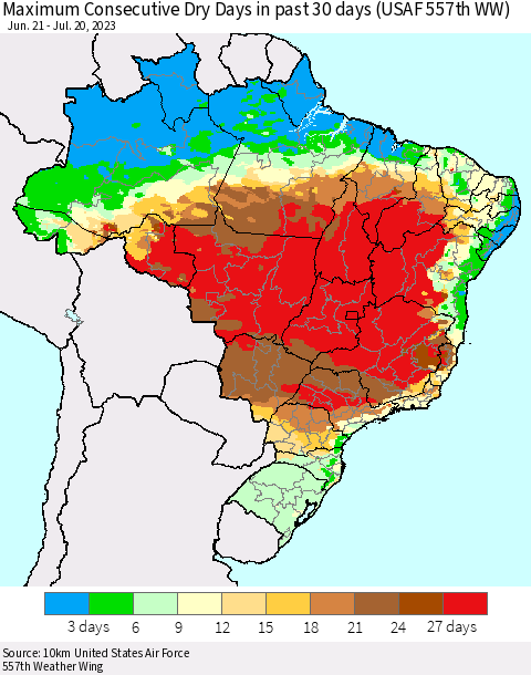 Brazil Maximum Consecutive Dry Days in past 30 days (USAF 557th WW) 07/20/2023 Thematic Map For 7/16/2023 - 7/20/2023