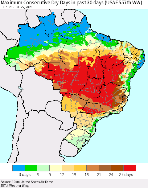 Brazil Maximum Consecutive Dry Days in past 30 days (USAF 557th WW) 07/25/2023 Thematic Map For 7/21/2023 - 7/25/2023