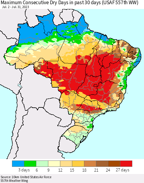 Brazil Maximum Consecutive Dry Days in past 30 days (USAF 557th WW) 07/31/2023 Thematic Map For 7/26/2023 - 7/31/2023