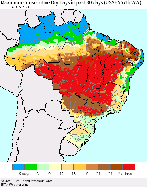 Brazil Maximum Consecutive Dry Days in past 30 days (USAF 557th WW) 08/05/2023 Thematic Map For 8/1/2023 - 8/5/2023
