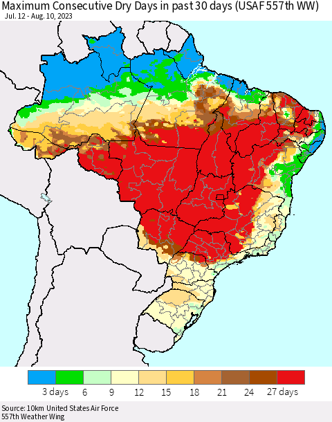 Brazil Maximum Consecutive Dry Days in past 30 days (USAF 557th WW) 08/10/2023 Thematic Map For 8/6/2023 - 8/10/2023
