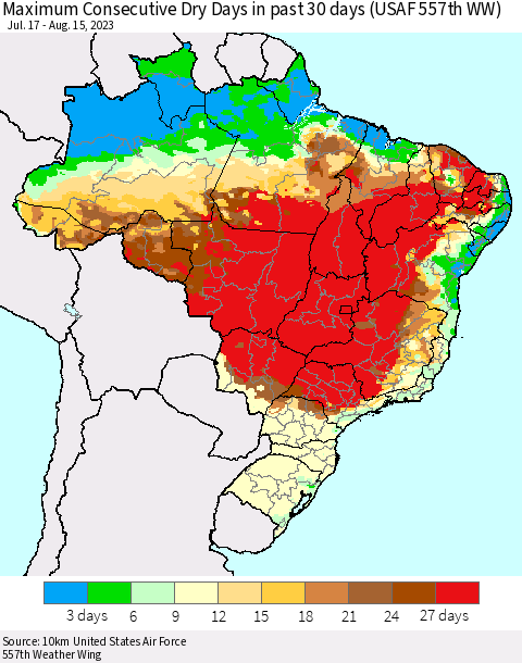 Brazil Maximum Consecutive Dry Days in past 30 days (USAF 557th WW) 08/15/2023 Thematic Map For 8/11/2023 - 8/15/2023