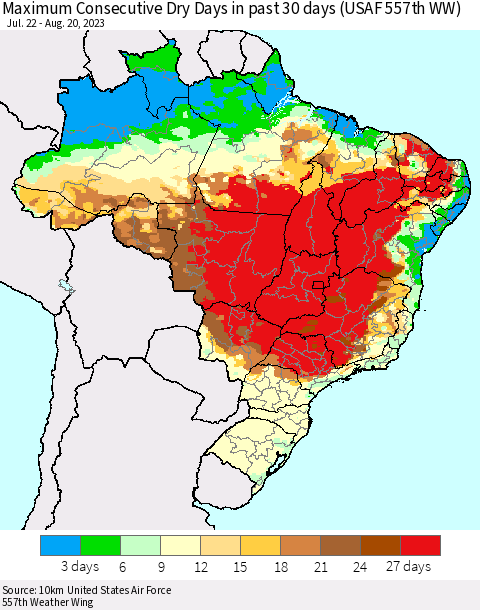 Brazil Maximum Consecutive Dry Days in past 30 days (USAF 557th WW) 08/20/2023 Thematic Map For 8/16/2023 - 8/20/2023