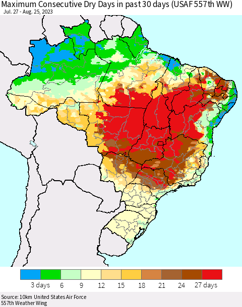 Brazil Maximum Consecutive Dry Days in past 30 days (USAF 557th WW) 08/25/2023 Thematic Map For 8/21/2023 - 8/25/2023