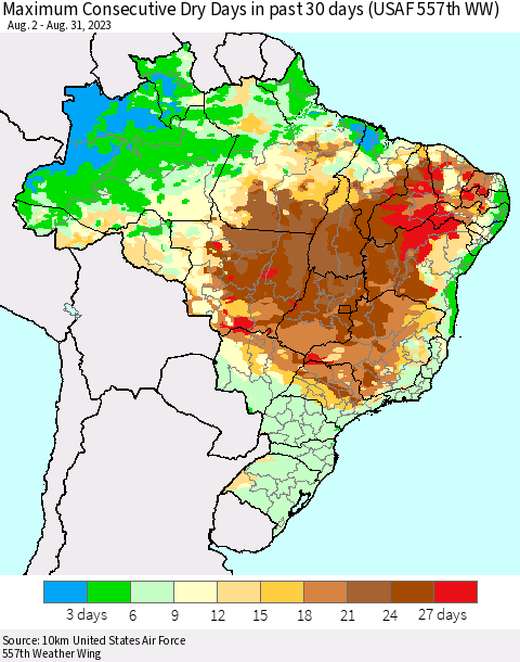 Brazil Maximum Consecutive Dry Days in past 30 days (USAF 557th WW) 08/31/2023 Thematic Map For 8/26/2023 - 8/31/2023