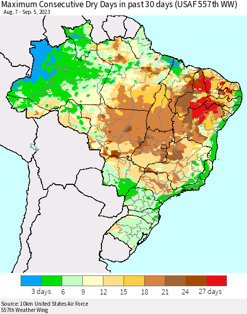 Brazil Maximum Consecutive Dry Days in past 30 days (USAF 557th WW) 09/05/2023 Thematic Map For 9/1/2023 - 9/5/2023