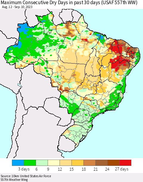 Brazil Maximum Consecutive Dry Days in past 30 days (USAF 557th WW) 09/10/2023 Thematic Map For 9/6/2023 - 9/10/2023