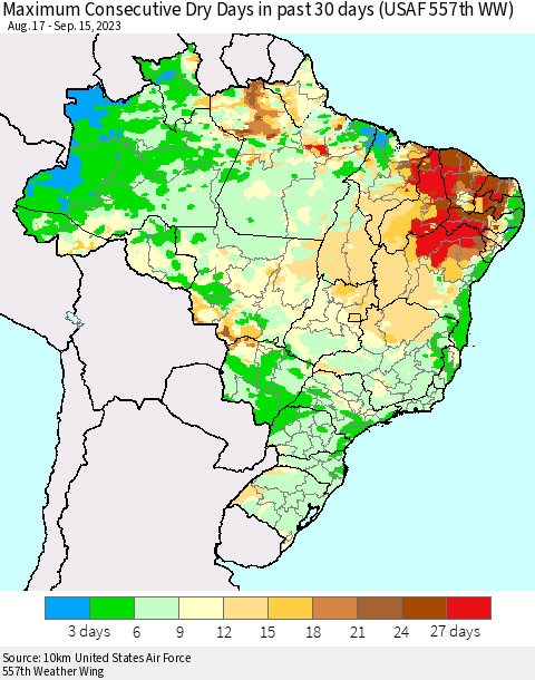 Brazil Maximum Consecutive Dry Days in past 30 days (USAF 557th WW) 09/15/2023 Thematic Map For 9/11/2023 - 9/15/2023