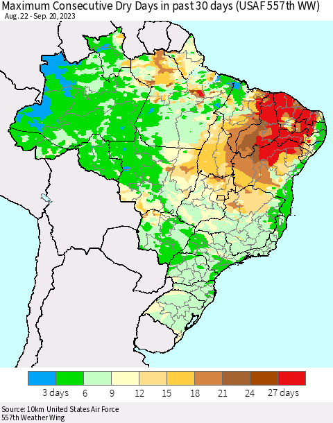 Brazil Maximum Consecutive Dry Days in past 30 days (USAF 557th WW) 09/20/2023 Thematic Map For 9/16/2023 - 9/20/2023