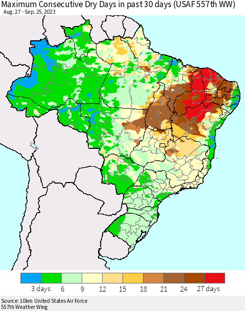 Brazil Maximum Consecutive Dry Days in past 30 days (USAF 557th WW) 09/25/2023 Thematic Map For 9/21/2023 - 9/25/2023