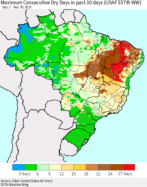 Brazil Maximum Consecutive Dry Days in past 30 days (USAF 557th WW) 09/30/2023 Thematic Map For 9/26/2023 - 9/30/2023
