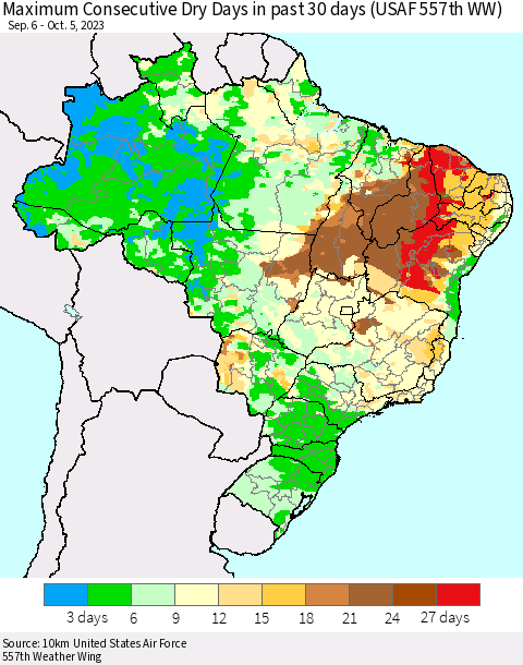 Brazil Maximum Consecutive Dry Days in past 30 days (USAF 557th WW) 10/05/2023 Thematic Map For 10/1/2023 - 10/5/2023