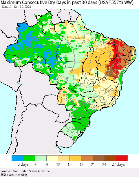 Brazil Maximum Consecutive Dry Days in past 30 days (USAF 557th WW) 10/10/2023 Thematic Map For 10/6/2023 - 10/10/2023