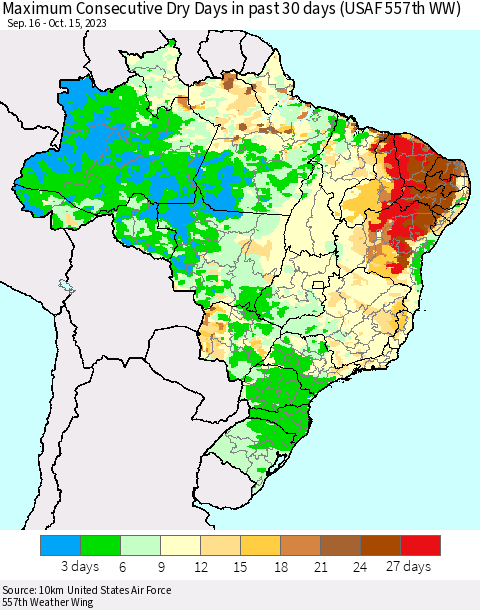 Brazil Maximum Consecutive Dry Days in past 30 days (USAF 557th WW) 10/15/2023 Thematic Map For 10/11/2023 - 10/15/2023
