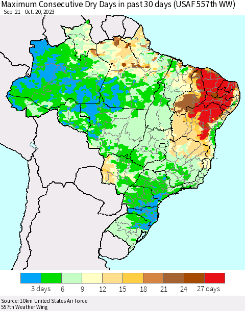 Brazil Maximum Consecutive Dry Days in past 30 days (USAF 557th WW) 10/20/2023 Thematic Map For 10/16/2023 - 10/20/2023